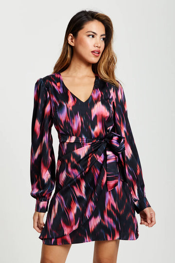 Abstract Ikat Print Mini Wrap Dress in Black Liquorish